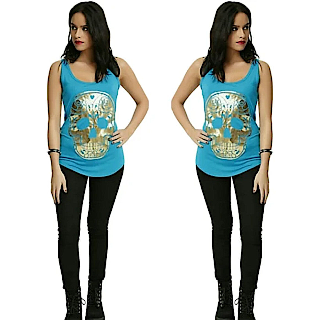 Racerback Tank | Gold Foil Sugar Skull | Teal & Black Tank Top - Black Matter - Shirts