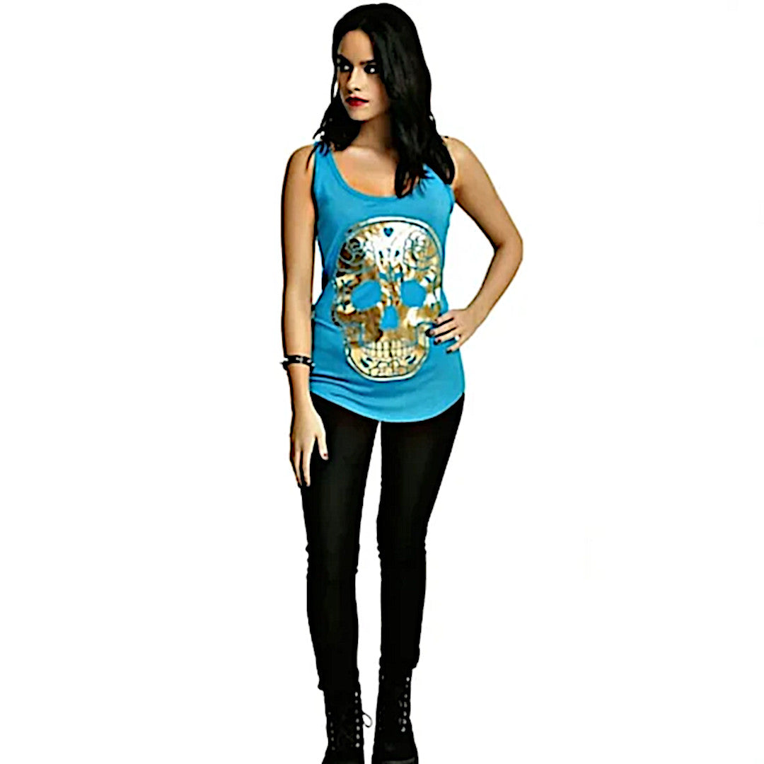 Racerback Tank | Gold Foil Sugar Skull | Teal & Black Tank Top - Black Matter - Shirts