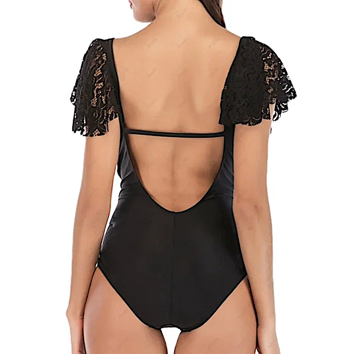 Black One-piece Swimsuit | Deep V Neckline Open Back Statement Lace Trim Swimsuit - A Gothic Universe - Swimwear