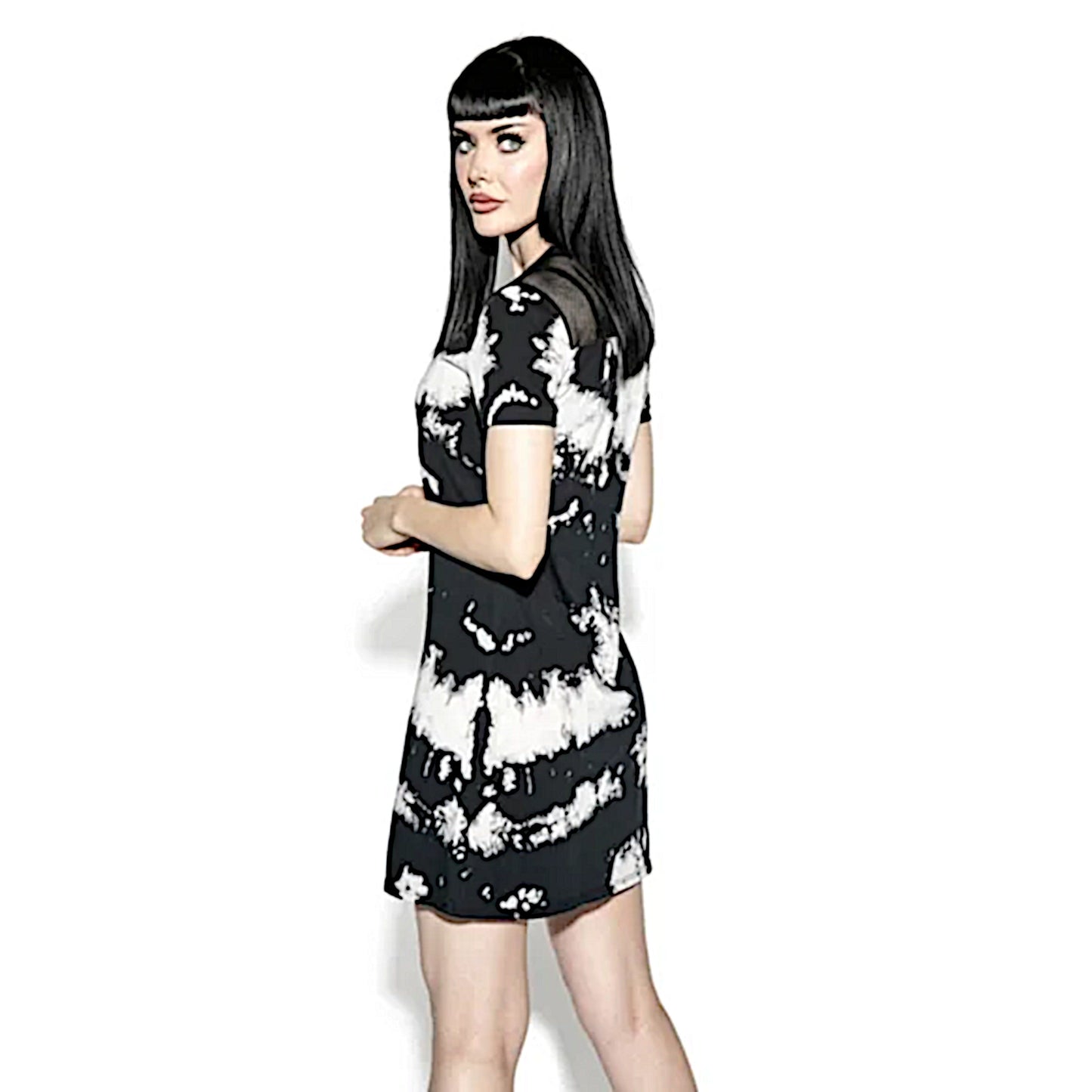 Gothic Occult Dress | Black White Tie Dye Mesh Top & Back T-shirt Dress - Blackcraft Cult - Dresses