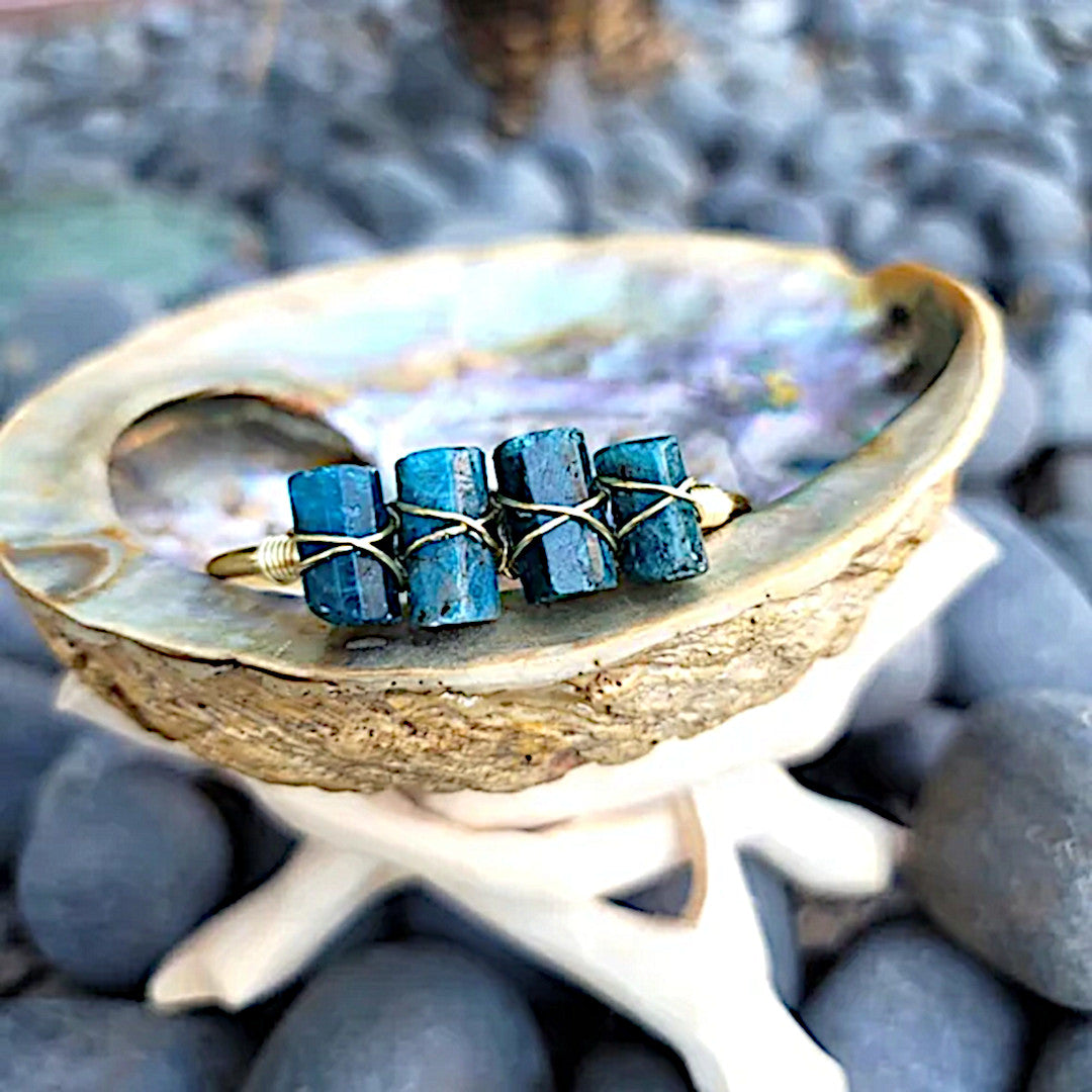 Blue Apatite Gold Cuff Bracelet | Clearing Astral Travel Mood Lifter Bracelet - A Gothic Universe - Bracelets