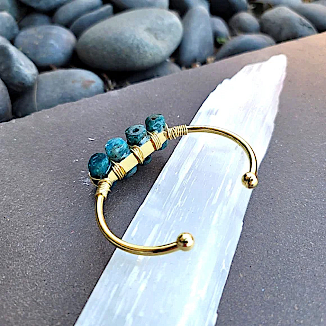 Blue Apatite Gold Cuff Bracelet | Clearing Astral Travel Mood Lifter Bracelet - A Gothic Universe - Bracelets