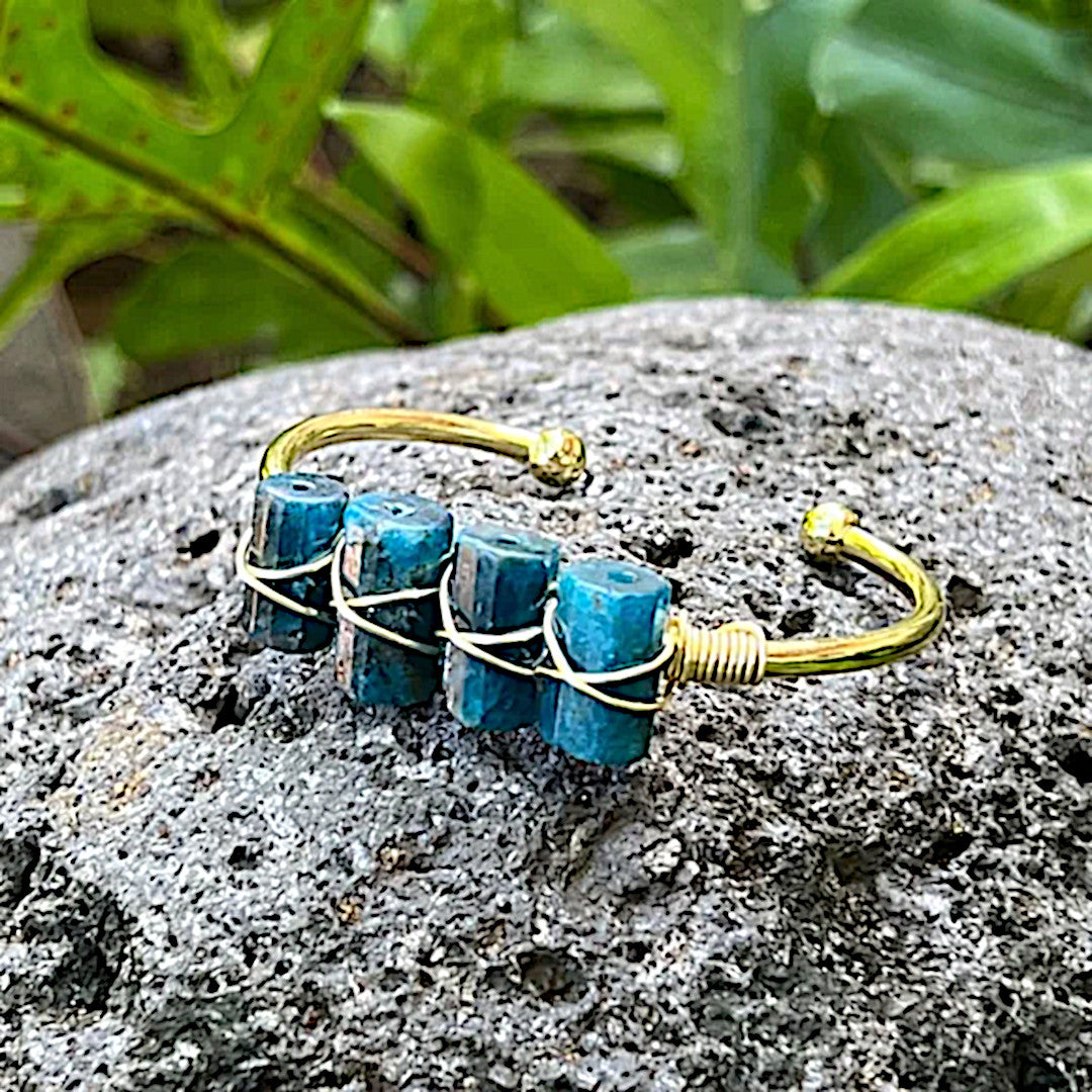 Blue Apatite Gold Cuff Bracelet | Clearing Astral Travel Mood Lifter Bracelet - A Gothic Universe - Bracelets