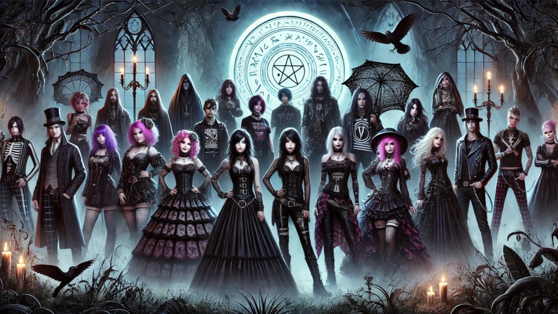 A dark and mystical gothic-themed digital artwork representing empowerment and inclusivity. The image features a diverse group of individuals dressed.