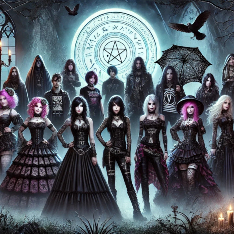 A dark and mystical gothic-themed digital artwork representing empowerment and inclusivity. The image features a diverse group of individuals dressed.