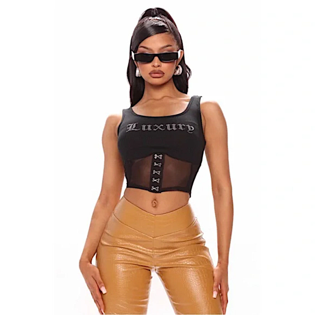 Bright Luxury Graphic Crop Tee | Rhinestone Details Sheer Mesh Bottom Black - Fashion Nova - Shirts