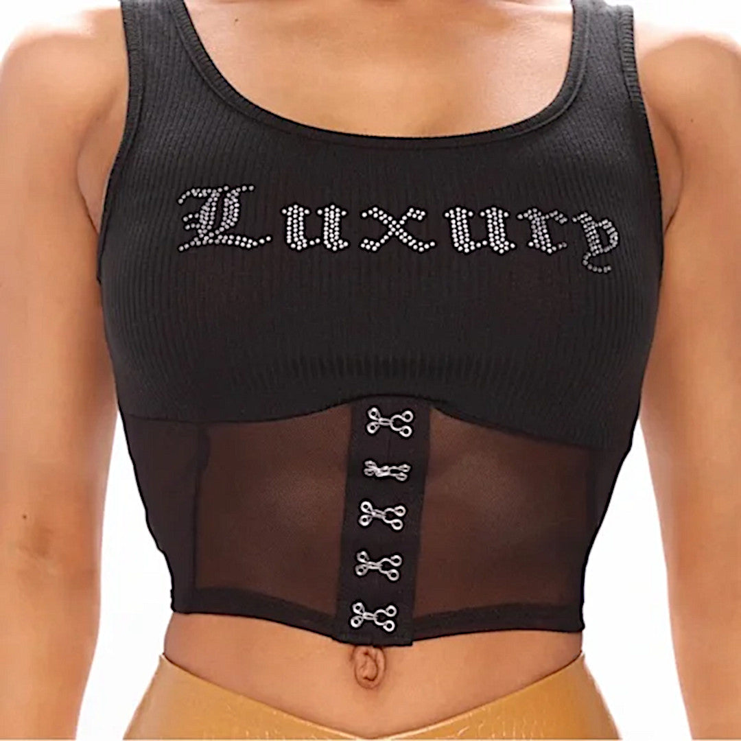 Bright Luxury Graphic Crop Tee | Rhinestone Details Sheer Mesh Bottom Black - Fashion Nova - Shirts