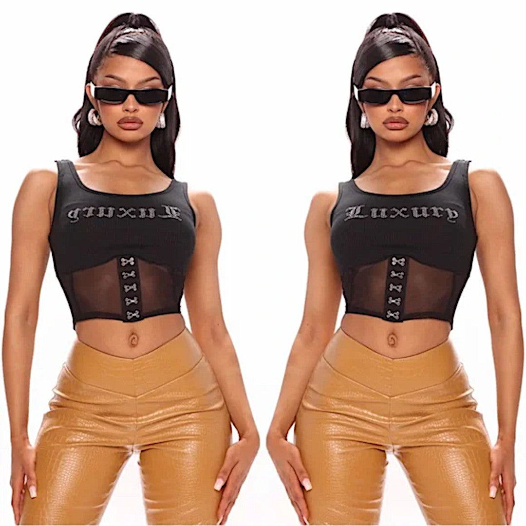 Bright Luxury Graphic Crop Tee | Rhinestone Details Sheer Mesh Bottom Black - Fashion Nova - Shirts