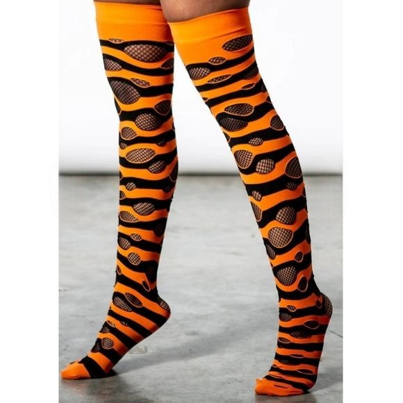 Wretched Soul Distressed Long Thigh High Socks | Black & Orange - Killstar - Thigh Highs