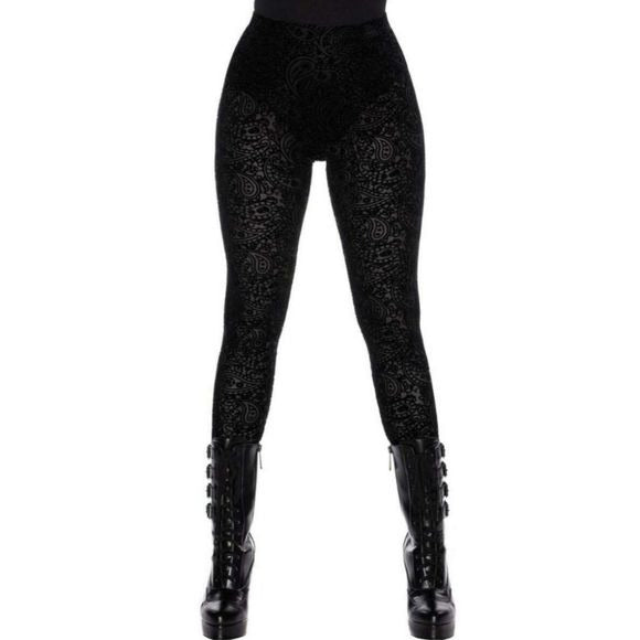 Althea's Evil Burnout Velvet Leggings | Black Paisley Design Cotton - Killstar - Leggings