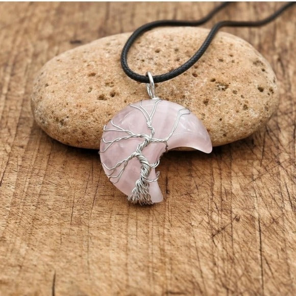Rose Crystal Quartz Necklace | Polished Moon Shape Wire Wrapped Tree - A Gothic Universe - Necklaces