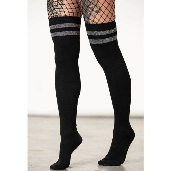 Super Freak Long Socks | Black Silver Top Stripes Stockings - Killstar - Thigh Highs