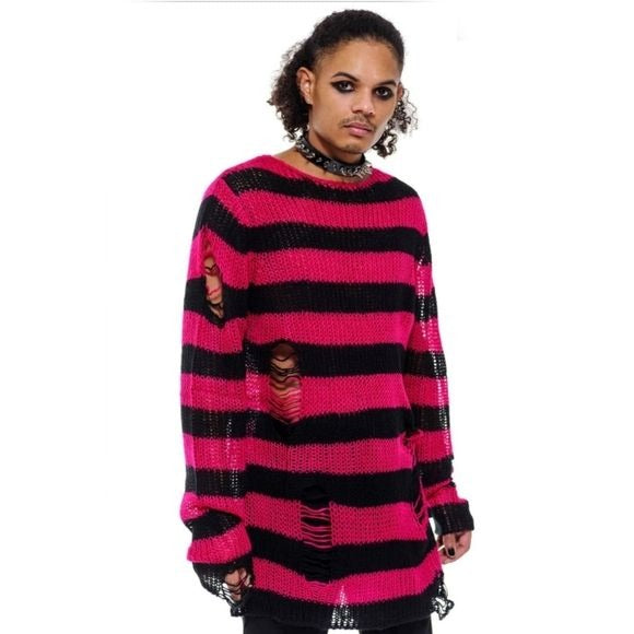 Mika Knit Sweater | Black / Rasberry Stripes Unisex Distressed Long - Killstar - Sweaters