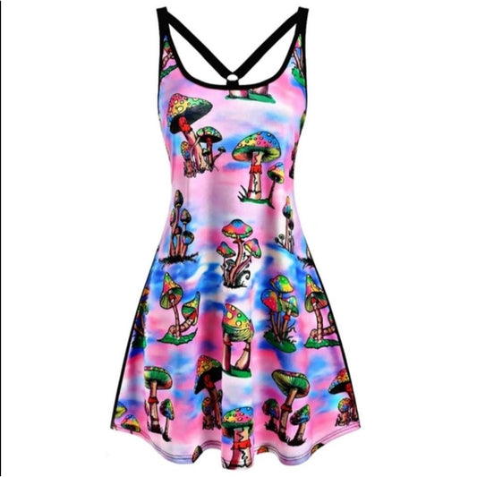 Mushroom Print O-Ring Strappy Tank Dress Solid Black Back M/6 - A Gothic Universe - Dresses