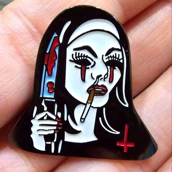 Metal Enamel Lapel Pin | Horror Nun Bleeding Tears - A Gothic Universe - Lapel Pin