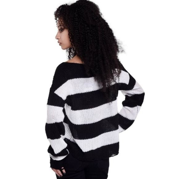 Casey Knit Sweater | Black / White Stripes Unisex Distressed - Killstar - Sweaters