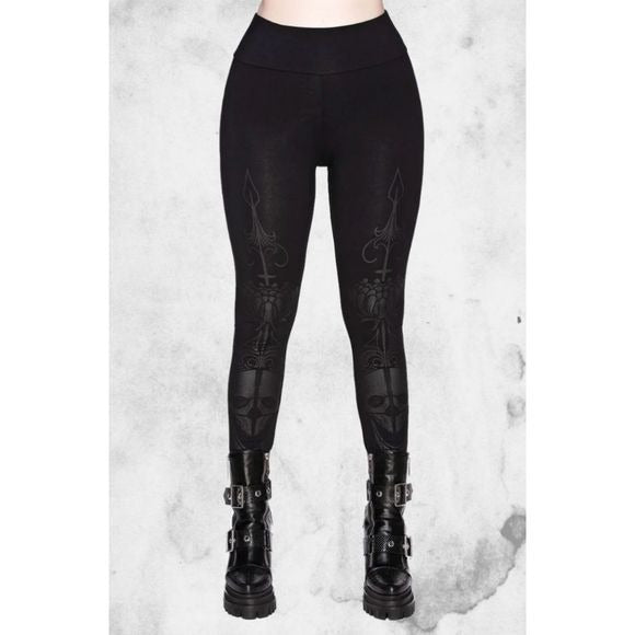 Death Ray Leggings | Black on Black Luxe Cotton Wide Waistband Stretchy - Killstar - Leggings