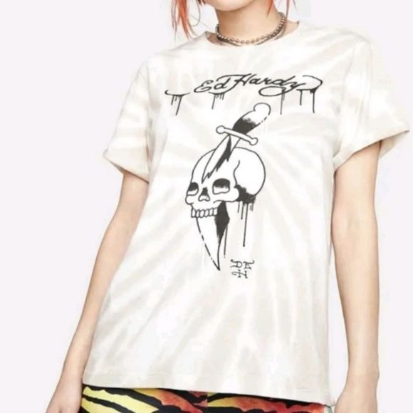 Tie Dye Dagger Skull Side Tie Boyfriend Tee | Short Sleeve Soft Cotton - Ed Hardy - Tops