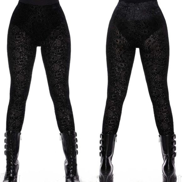 Althea's Evil Burnout Velvet Leggings | Black Paisley Design Cotton - Killstar - Leggings