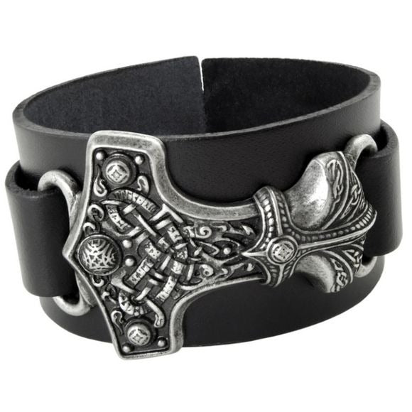 Thunderhammer Bracelet | Black Leather Vikings - Alchemy Metal-Wear - Bracelets