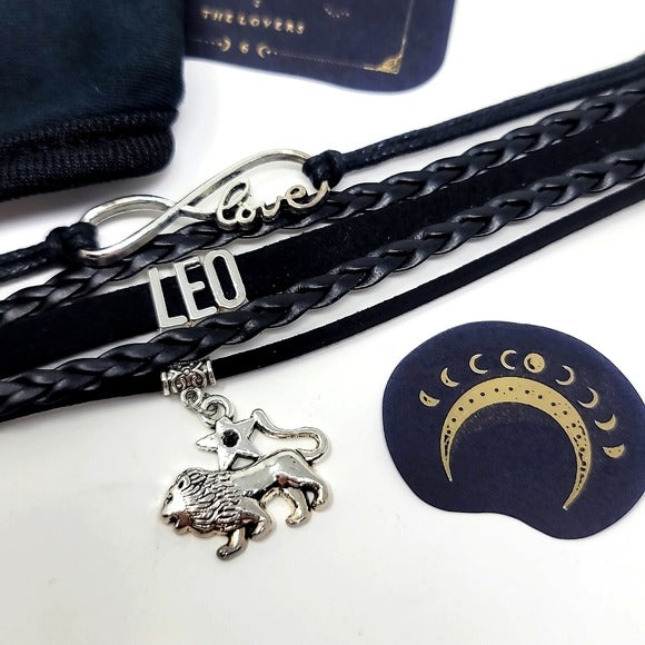 Leo Zodiac | Black Leather Charm Bracelet Face Mask Hair Tie Foil Sticker - A Gothic Universe - Bracelets