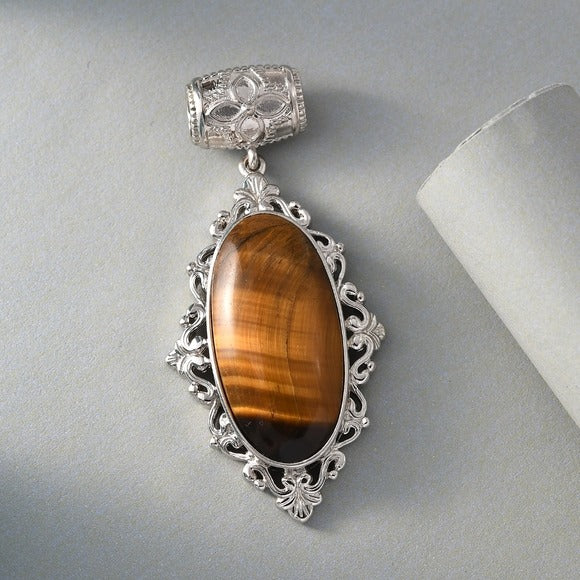 South African Tiger's Eye Fancy Pendant | in Platinum w/ Magnet 21.40 ctw - A Gothic Universe - Necklaces