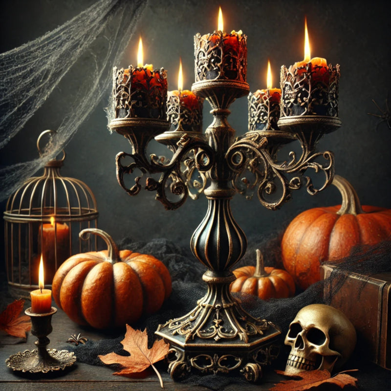 A gothic candlestick on a dark table surrounded by pumpkins and dried leaves.