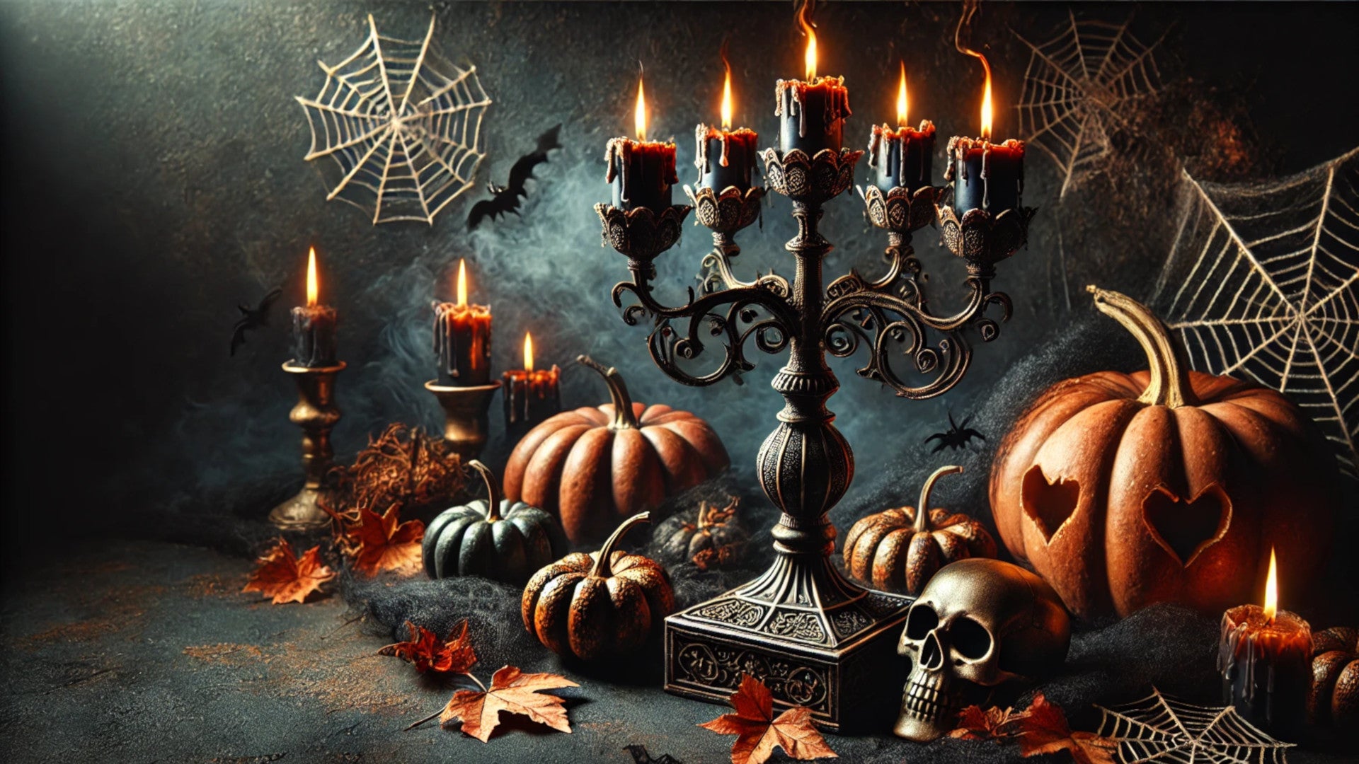 A gothic candlestick on a dark table surrounded by pumpkins and dried leaves.