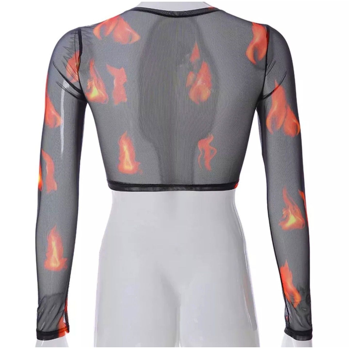 Black Sheer Flame Print Long Sleeve Crop Top - A Gothic Universe - Tops