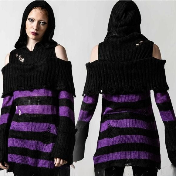 Salvia Hooded Knit Sweater | Black & Plum Stripes Distressed Extra Long - Killstar - Sweaters