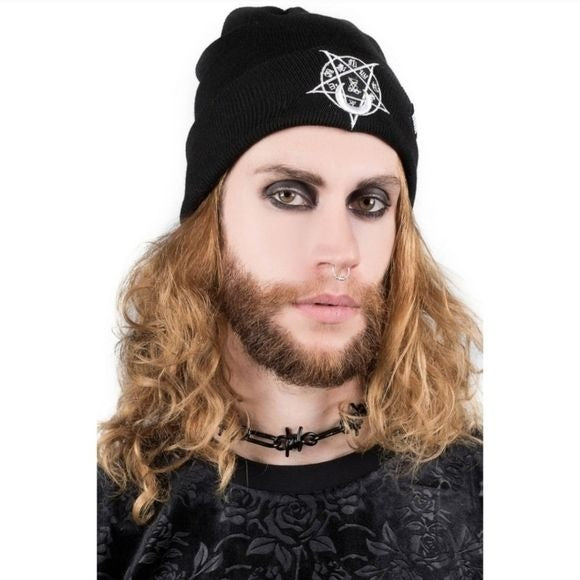 Unisex Black Beanie Hat with White Pentagram Goth Grunge - Killstar - Hats