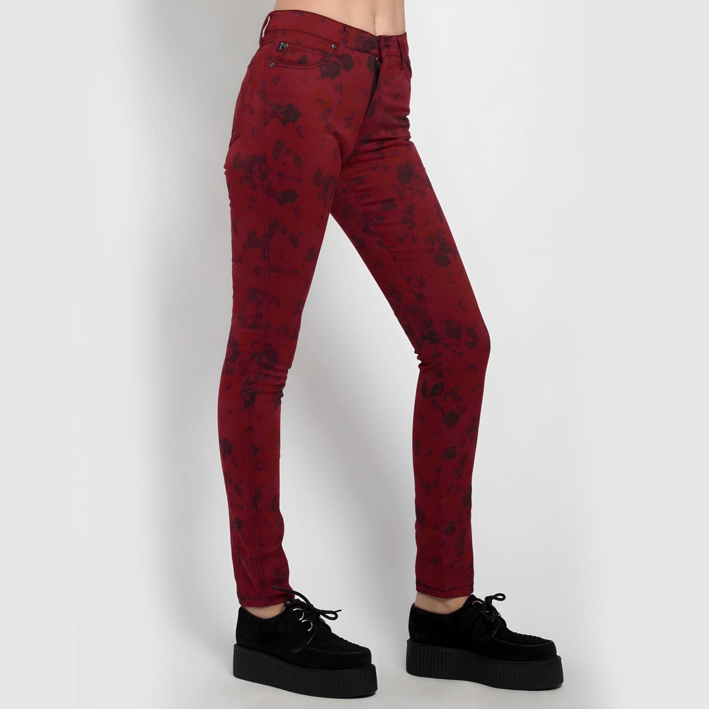 Wine Red High Waisted Skinny Jeans With Floral Print