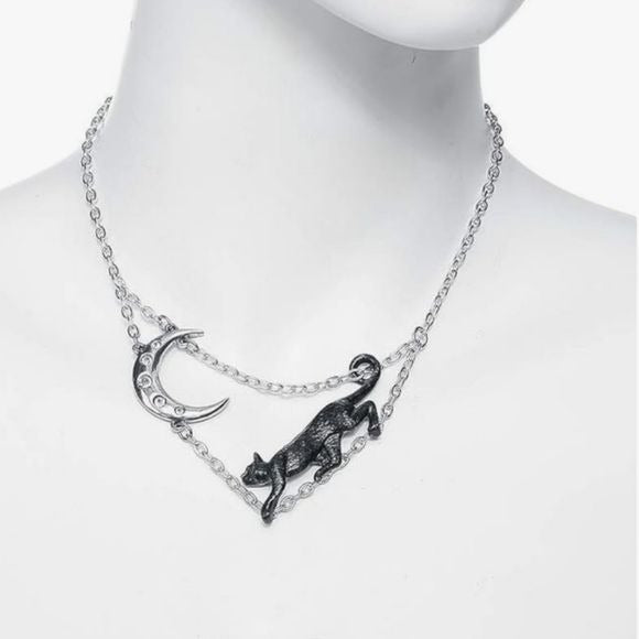 Minnaloushe Necklace | Black Cat Crescent Moon - Alchemy Gothic - Necklaces