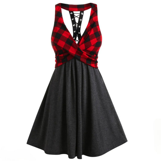 Plaid Print Lace Up Back Crossover High Waist Mini Dress - A Gothic Universe - Dresses