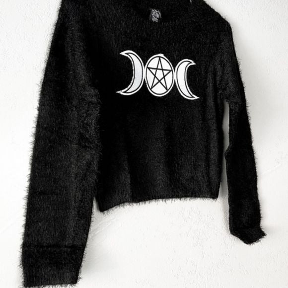 Triple Goddess Fuzzy Sweater | Black Fuzzy Cropped Long Sleeve - The Grave Girls - Sweaters