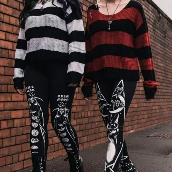 Casey Knit Sweater | Black / White Stripes Unisex Distressed - Killstar - Sweaters