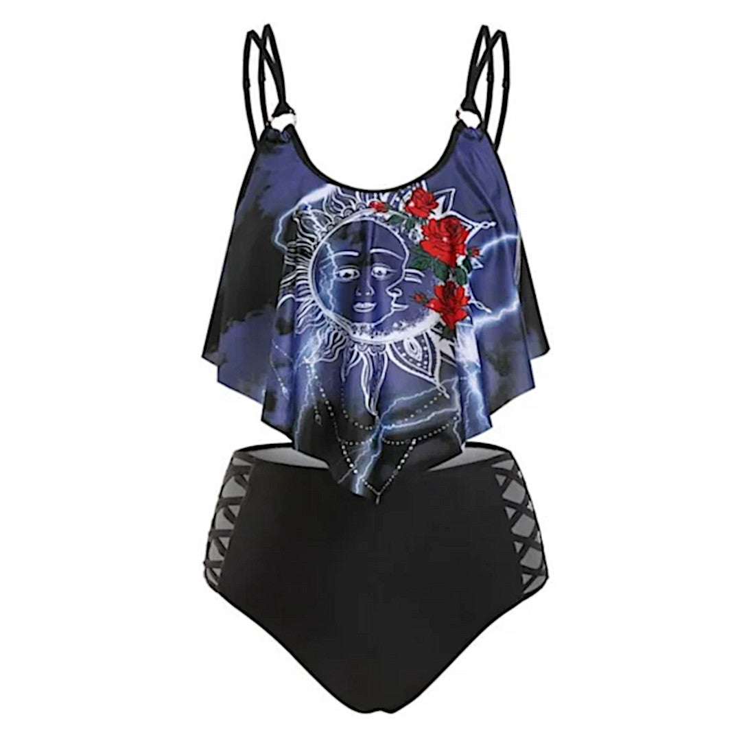 Celestial Print Tankini | Padded High Waisted Sun Moon Rose Pattern Flounce Hem - A Gothic Universe - Swimwear