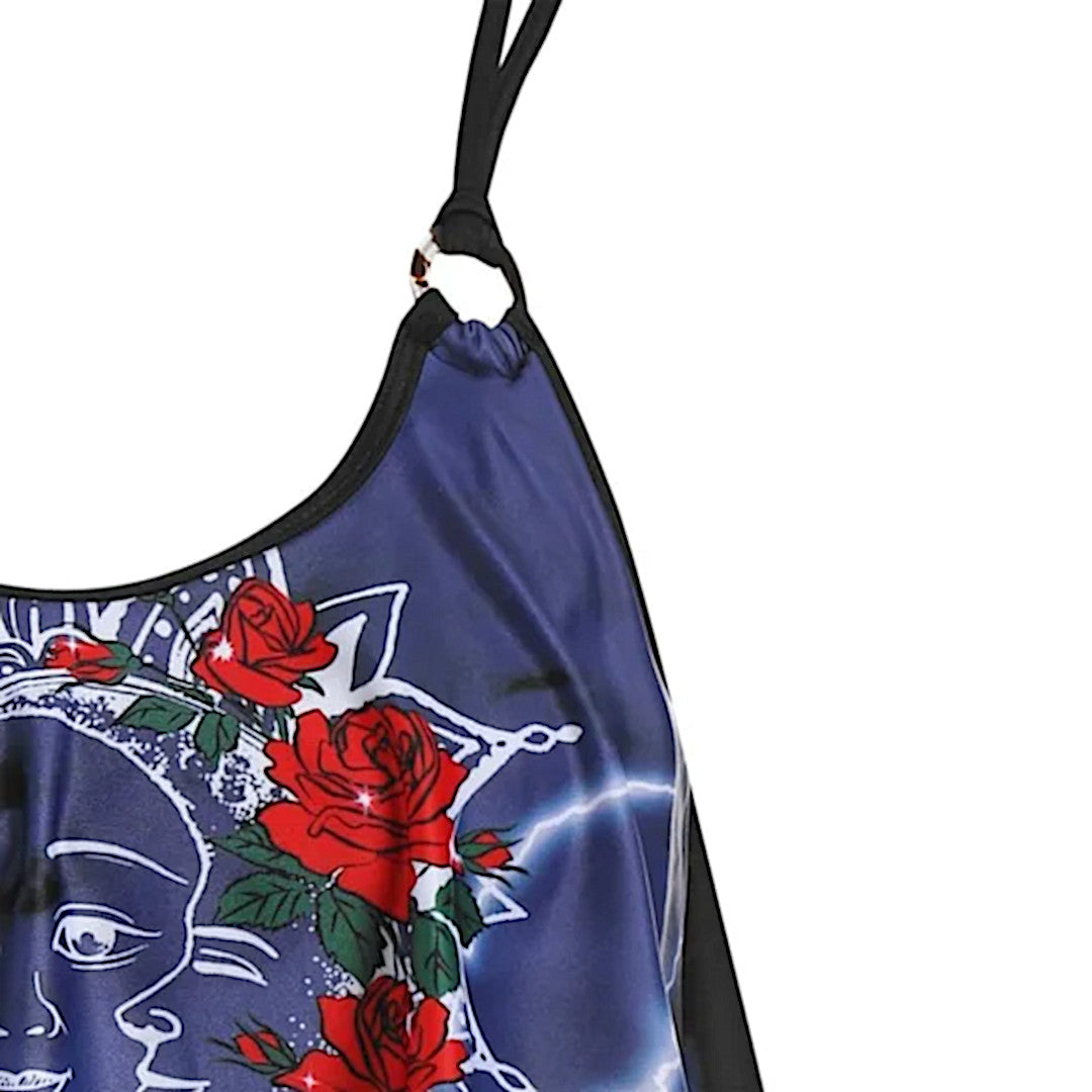 Celestial Print Tankini | Padded High Waisted Sun Moon Rose Pattern Flounce Hem - A Gothic Universe - Swimwear