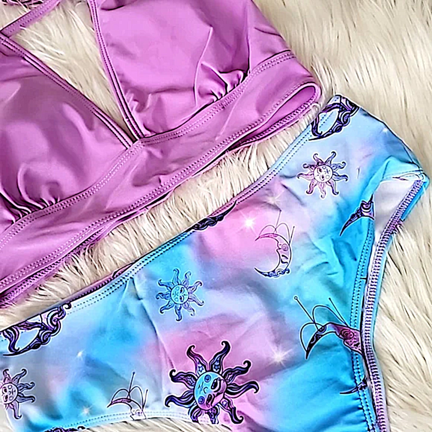 Celestial Sun Moon Print Bikini | Cut Out Halter Padded Purple Tankini Swimsuit - A Gothic Universe - Swimwear