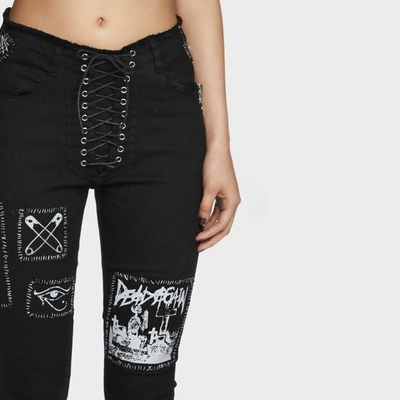 Stitch Bitch Lace-up Patch Jeans | Black Zip Ankles Goth/Punk Style - Current Mood - 