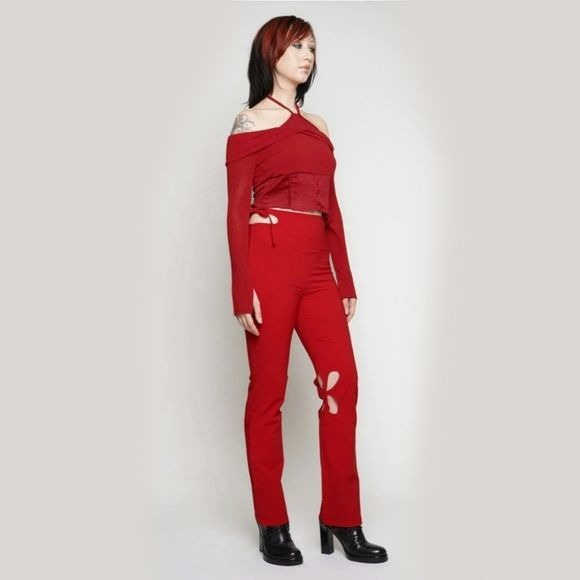Holey Pray Cut Out Pants | Red Semi Flared Fit High Waisted Side Zip - Zemeta - Pants