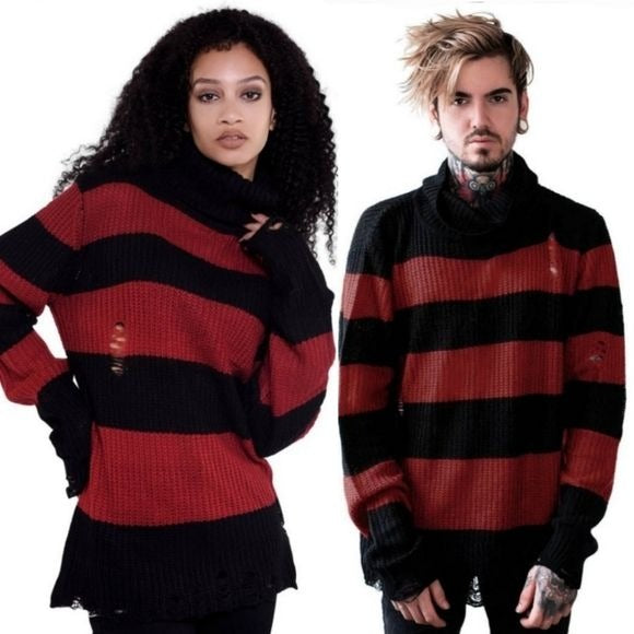 Seven Knit Sweater | Blood Red Distressed Raw Hem Extra Long Striped - Killstar - Sweaters