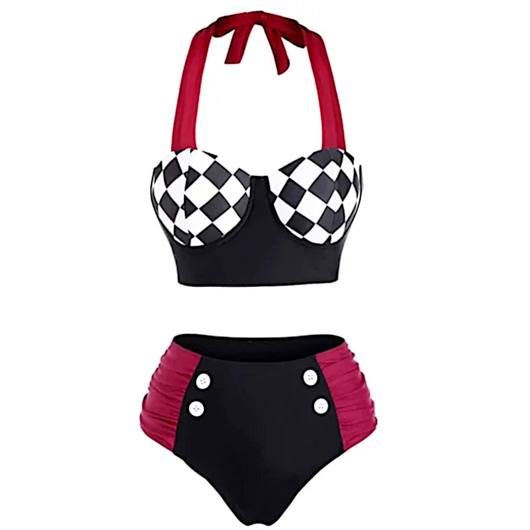Checkerboard Contrast Colorback Swimwear | Pinup Corset Vintage Red Black - A Gothic Universe - Swimwear