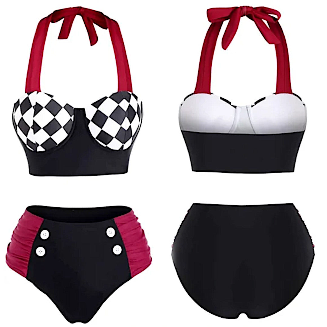 Checkerboard Contrast Colorback Swimwear | Pinup Corset Vintage Red Black - A Gothic Universe - Swimwear