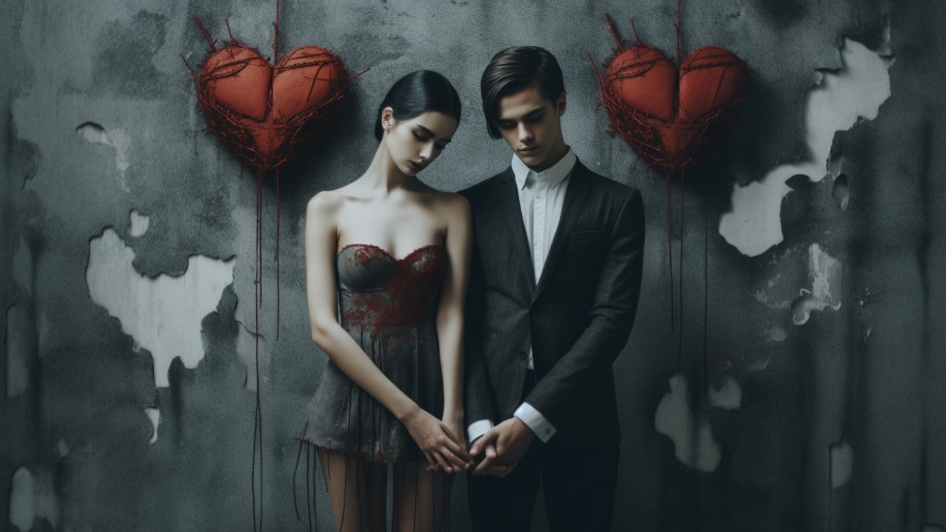 A couple in formal attire posing in front of a wall adorned with red hearts.