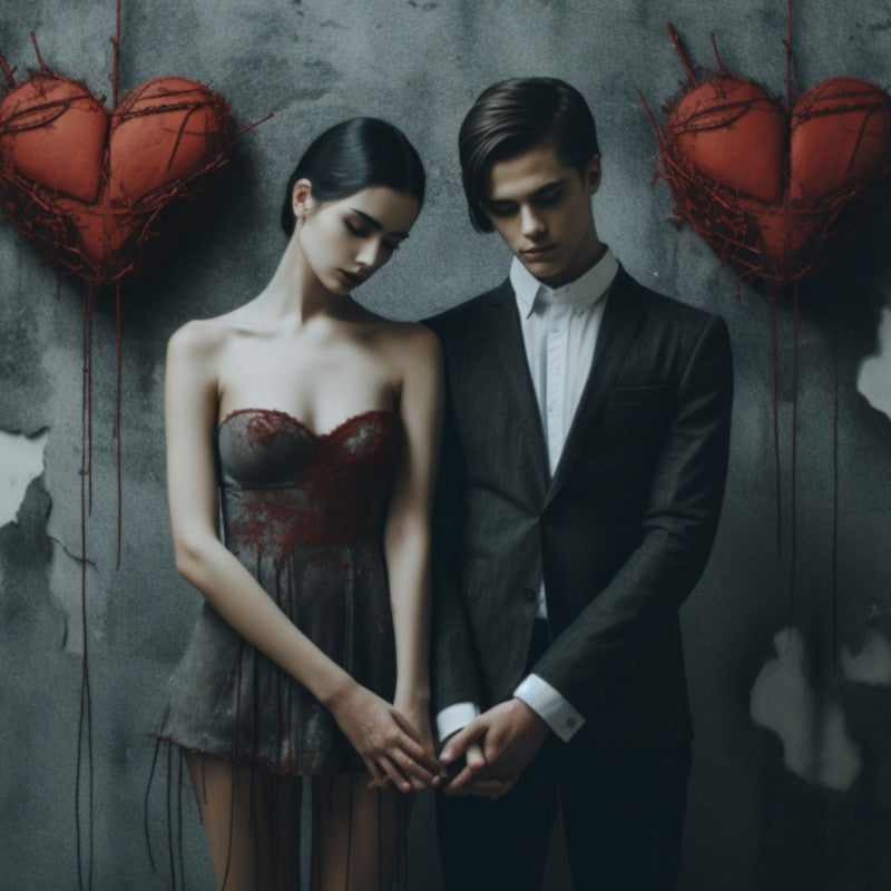 A couple in formal attire posing in front of a wall adorned with red hearts.