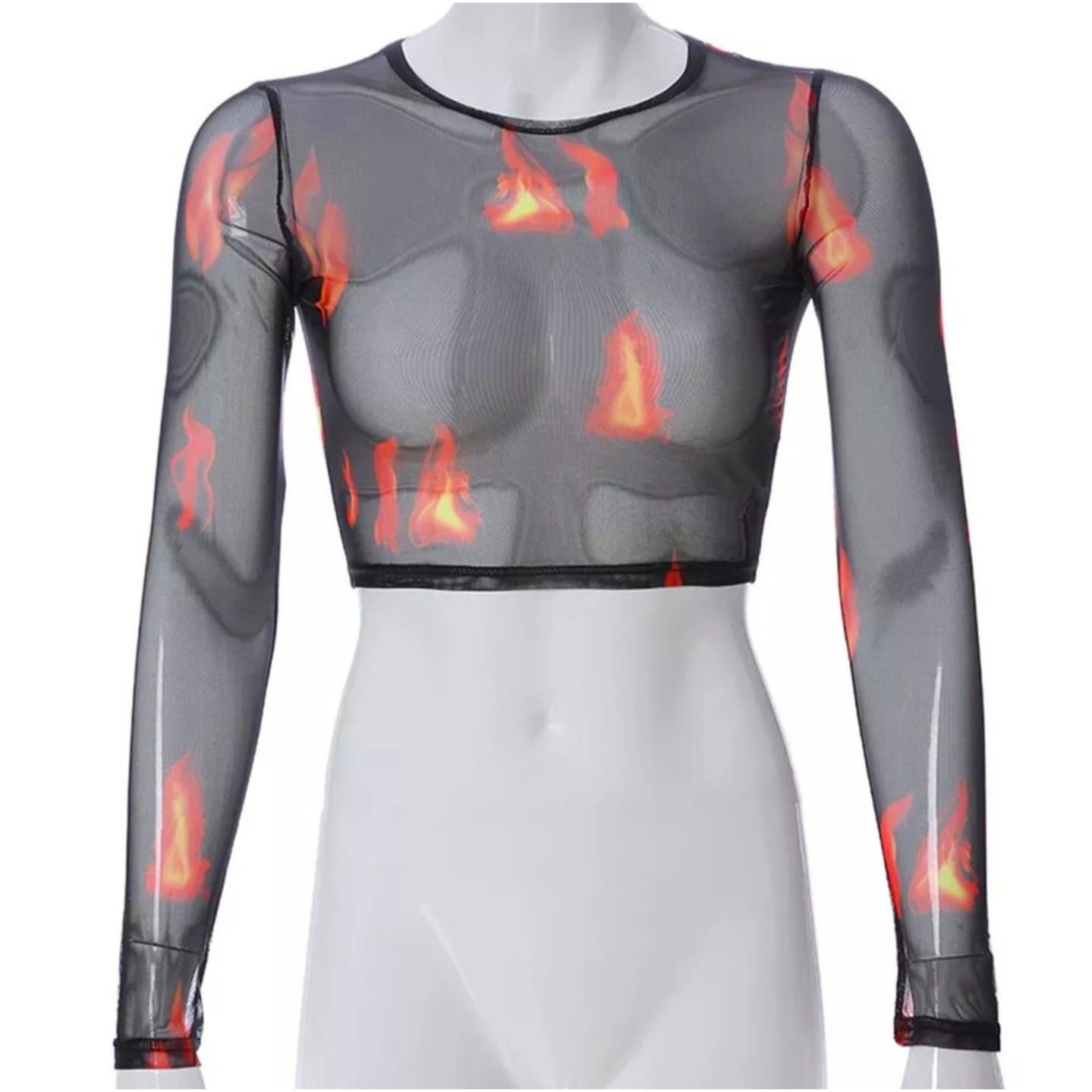 Black Sheer Flame Print Long Sleeve Crop Top - A Gothic Universe - Tops