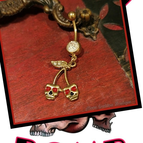 Body Jewelry | Skull Face Cherries Navel Ring - Painful Pleasures - Navel Rings