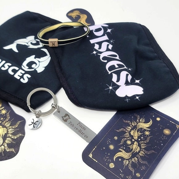 Pisces Zodiac | 2 Black Face Masks Hair Charm Tie Keychain 3 Foil Sticker - A Gothic Universe - Accessories