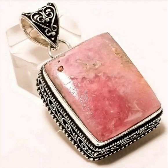 Natural Rhodochrosite Pendant | 9CTW S925 Handmade Antique Detailing Pink Silver - Artisan - Necklaces